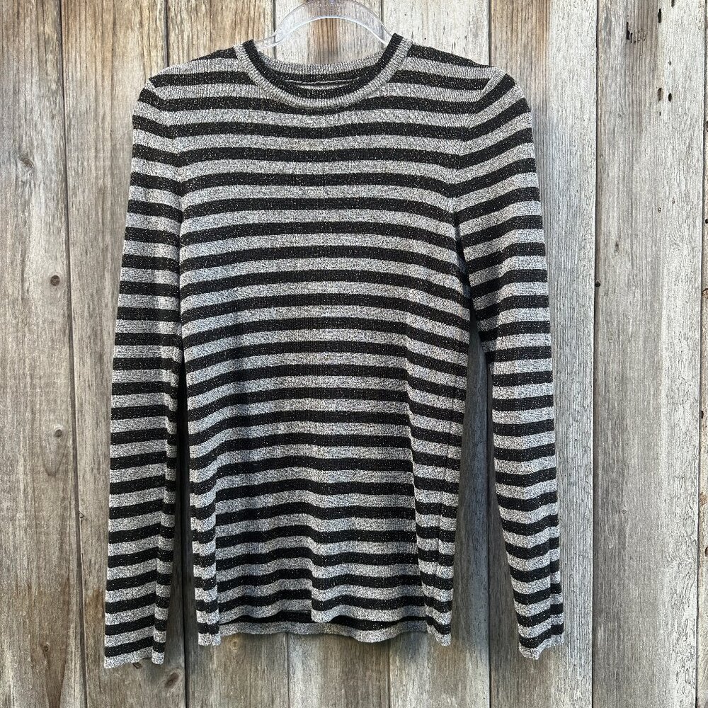 Who What Wear Brown Metalic Striped Long Sleeve Lightweight Knit Sweater Medium